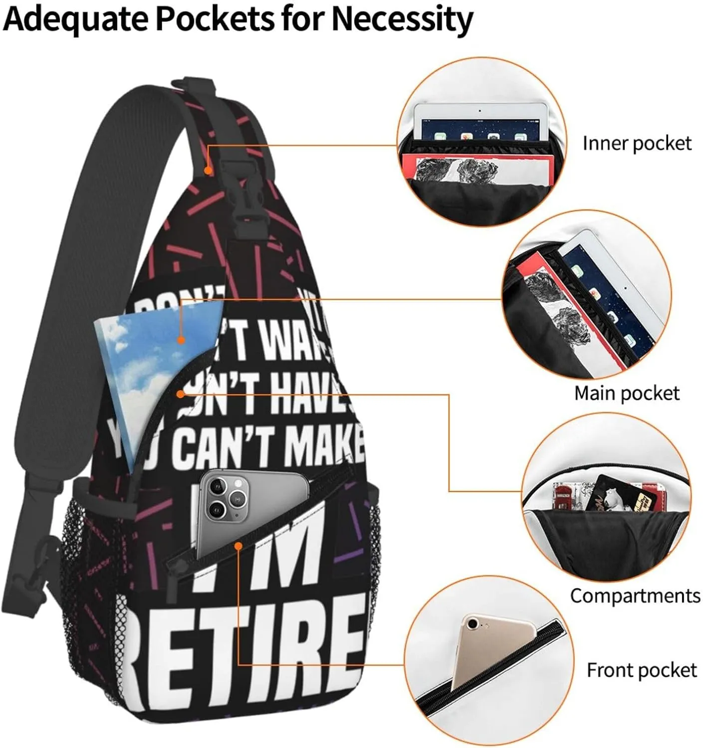 I'M Retired Funny Retirement Small Crossbody Backpack Sling Bag For Men Women Mini One Shoulder Chest Bags Gym Sport Travel Hiking Daypack