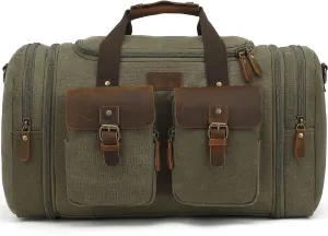 Imyth Retro Crazy Horse Leather Canvas Duffle Bag 60L Expandable Travel Bag for Airplanes (Army Green)