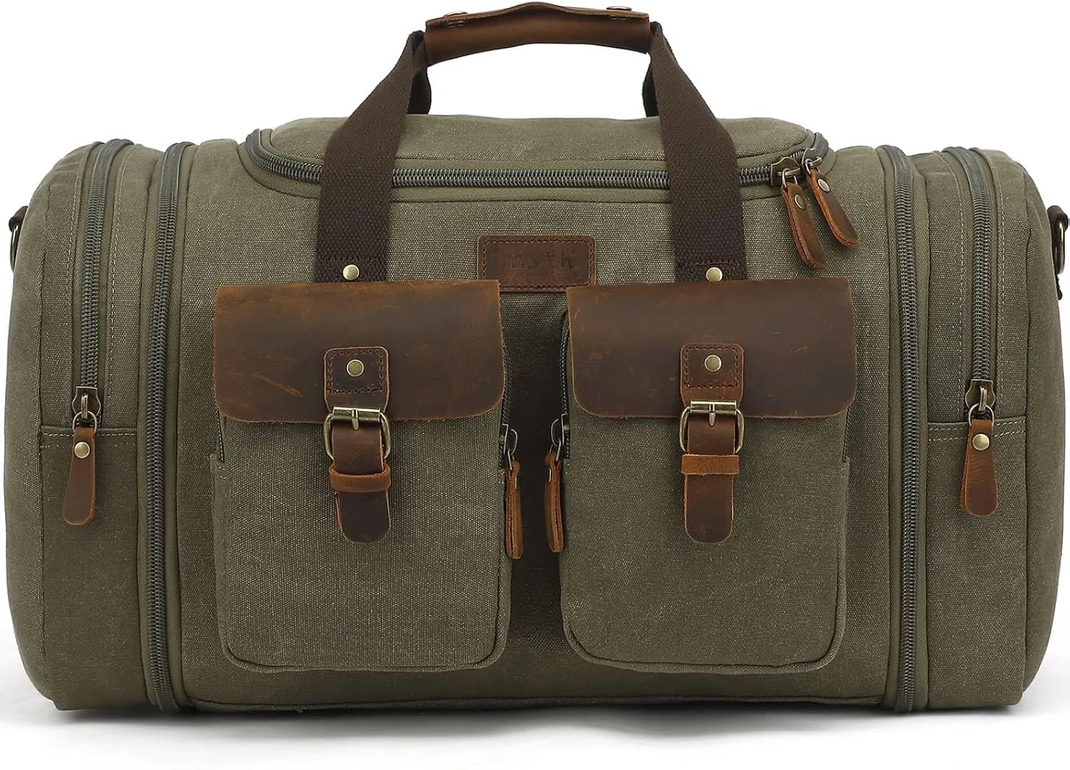 Imyth Retro Crazy Horse Leather Canvas Duffle Bag 60L Expandable Travel Bag for Airplanes (Army Green)