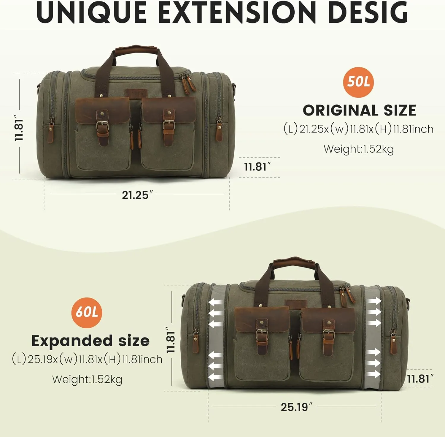 Imyth Retro Crazy Horse Leather Canvas Duffle Bag 60L Expandable Travel Bag for Airplanes (Army Green)