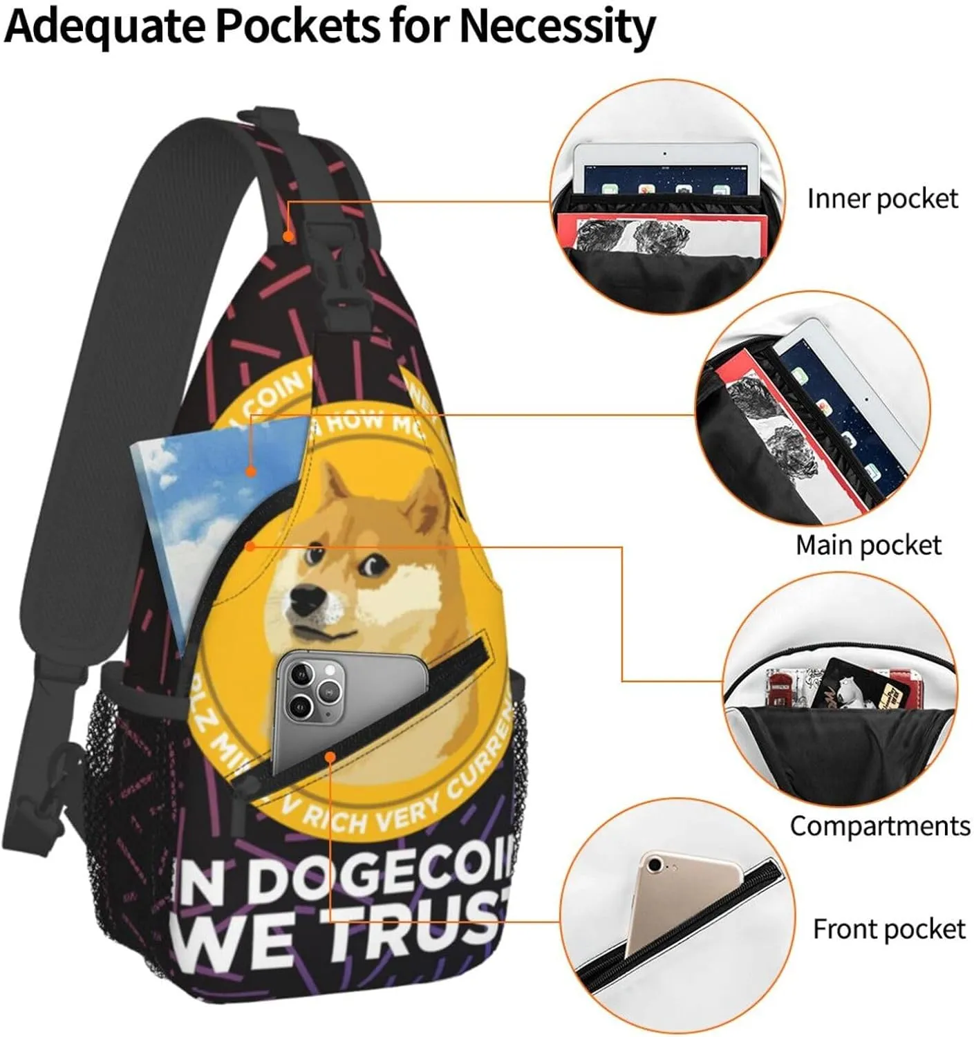 In Dogecoin We Trust Crossbody For Men Women Sling Chest Bag Shoulder Bag Lightweight One Strap Backpack Multipurpose Travel Hiking Daypack