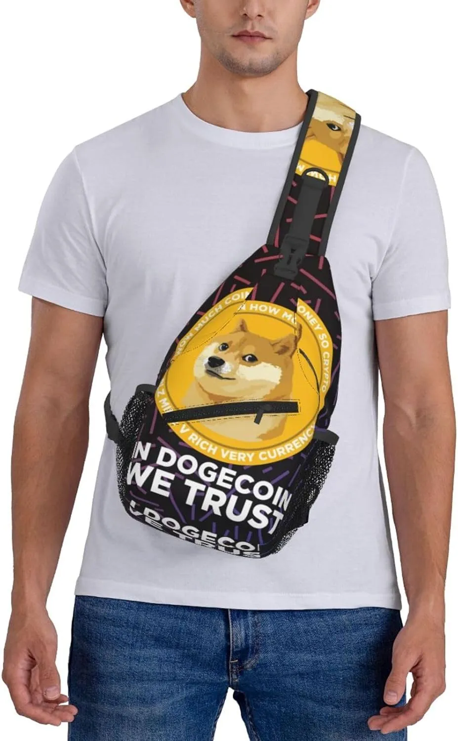 In Dogecoin We Trust Crossbody For Men Women Sling Chest Bag Shoulder Bag Lightweight One Strap Backpack Multipurpose Travel Hiking Daypack
