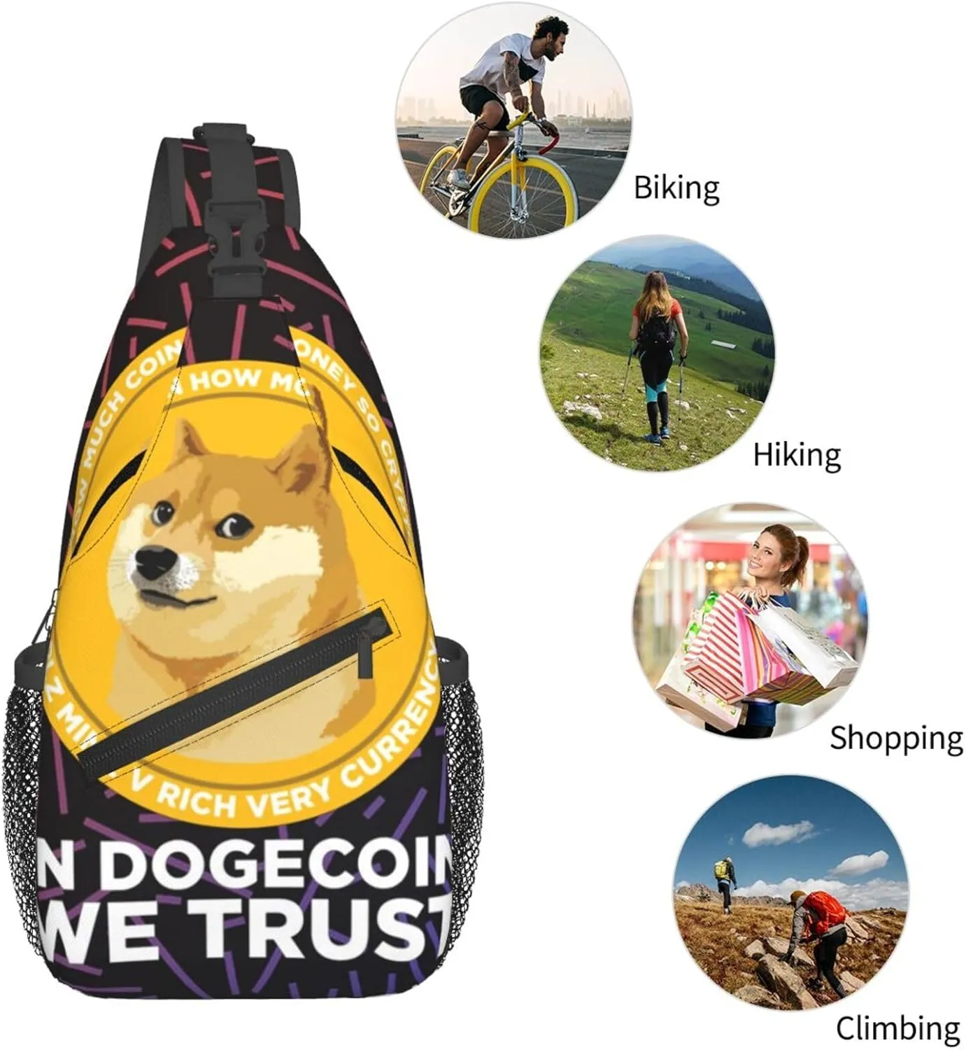 In Dogecoin We Trust Crossbody For Men Women Sling Chest Bag Shoulder Bag Lightweight One Strap Backpack Multipurpose Travel Hiking Daypack