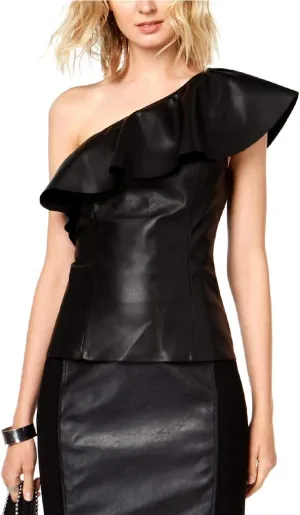 INC International Concepts Faux-Leather One-Shoulder Top (Deep Black, Small)