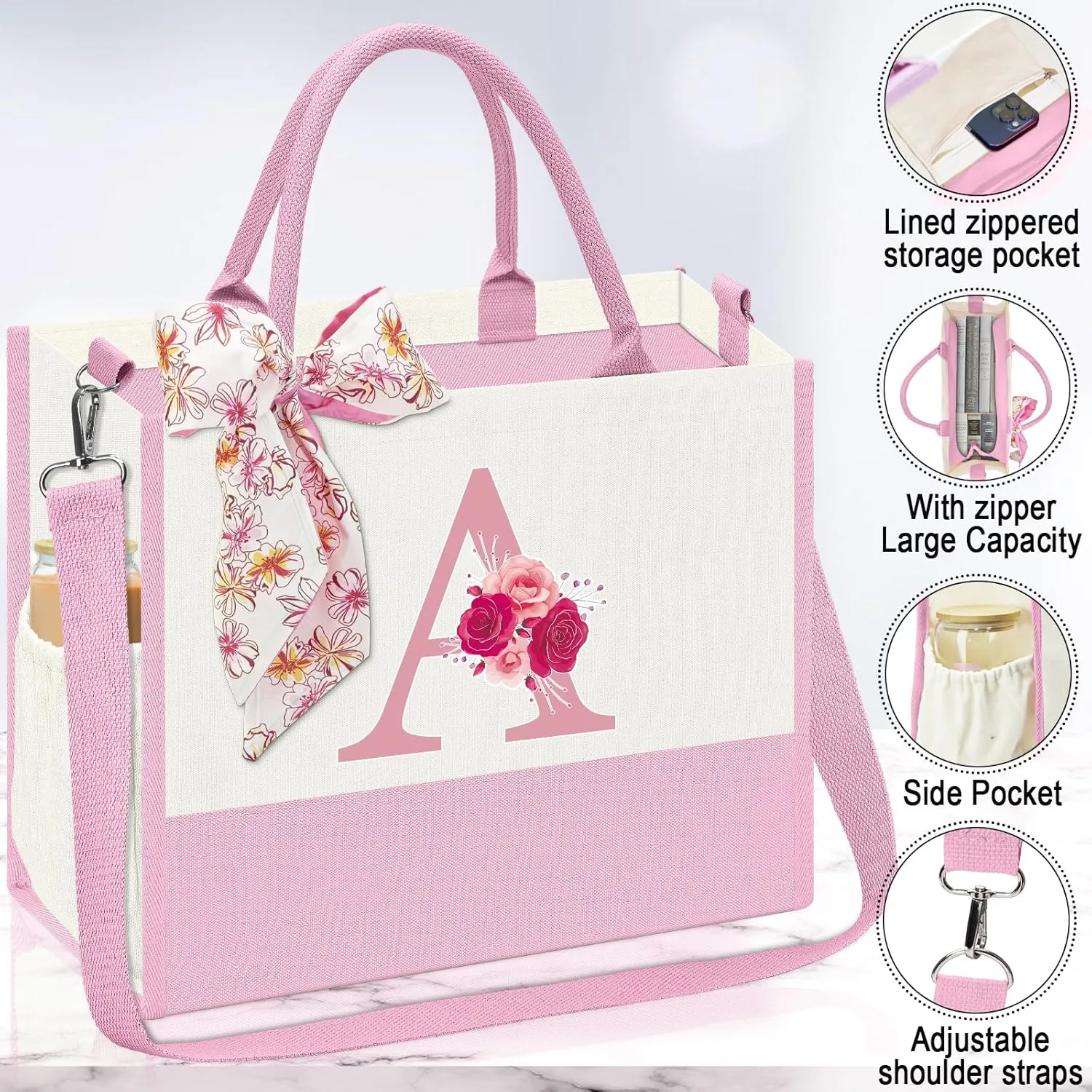 Initial Canvas Tote Bag,Birthday Gifts for Women,Monogrammed Gifts for Women,Initial Glass Cup,Personalized Gifts for Women,Initial Makeup Bag,Unique Gifts for Mom Sister Bestie-A