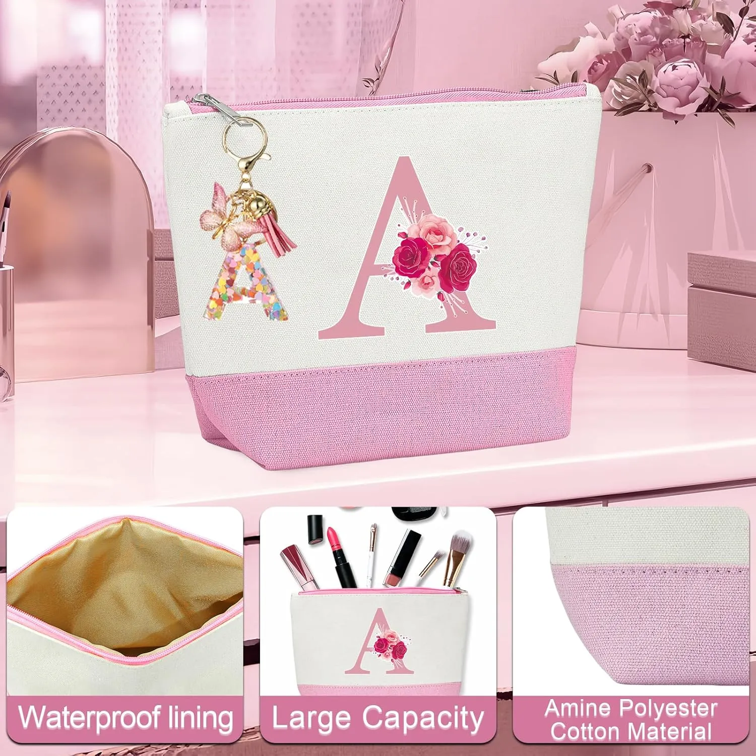 Initial Canvas Tote Bag,Birthday Gifts for Women,Monogrammed Gifts for Women,Initial Glass Cup,Personalized Gifts for Women,Initial Makeup Bag,Unique Gifts for Mom Sister Bestie-A