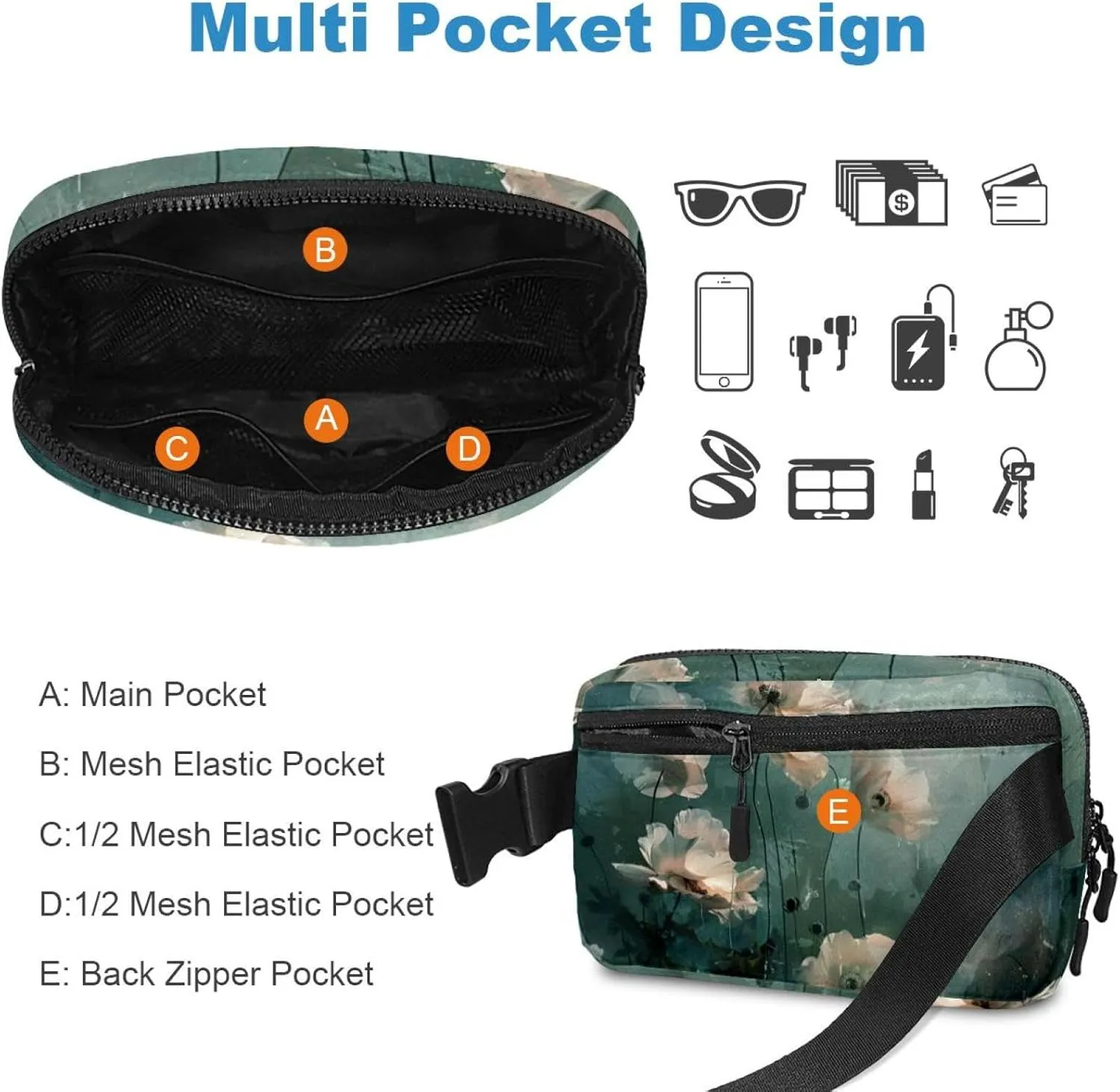 Ink Misty Pink Flowers Unisex Style Fanny Pack: Fashion Waist Packs, Crossbody Bags Sport Slim Fashionable for Jogging Hiking Hiker Woman Man, 1.5x9.0x5.9in/4x23x15cm