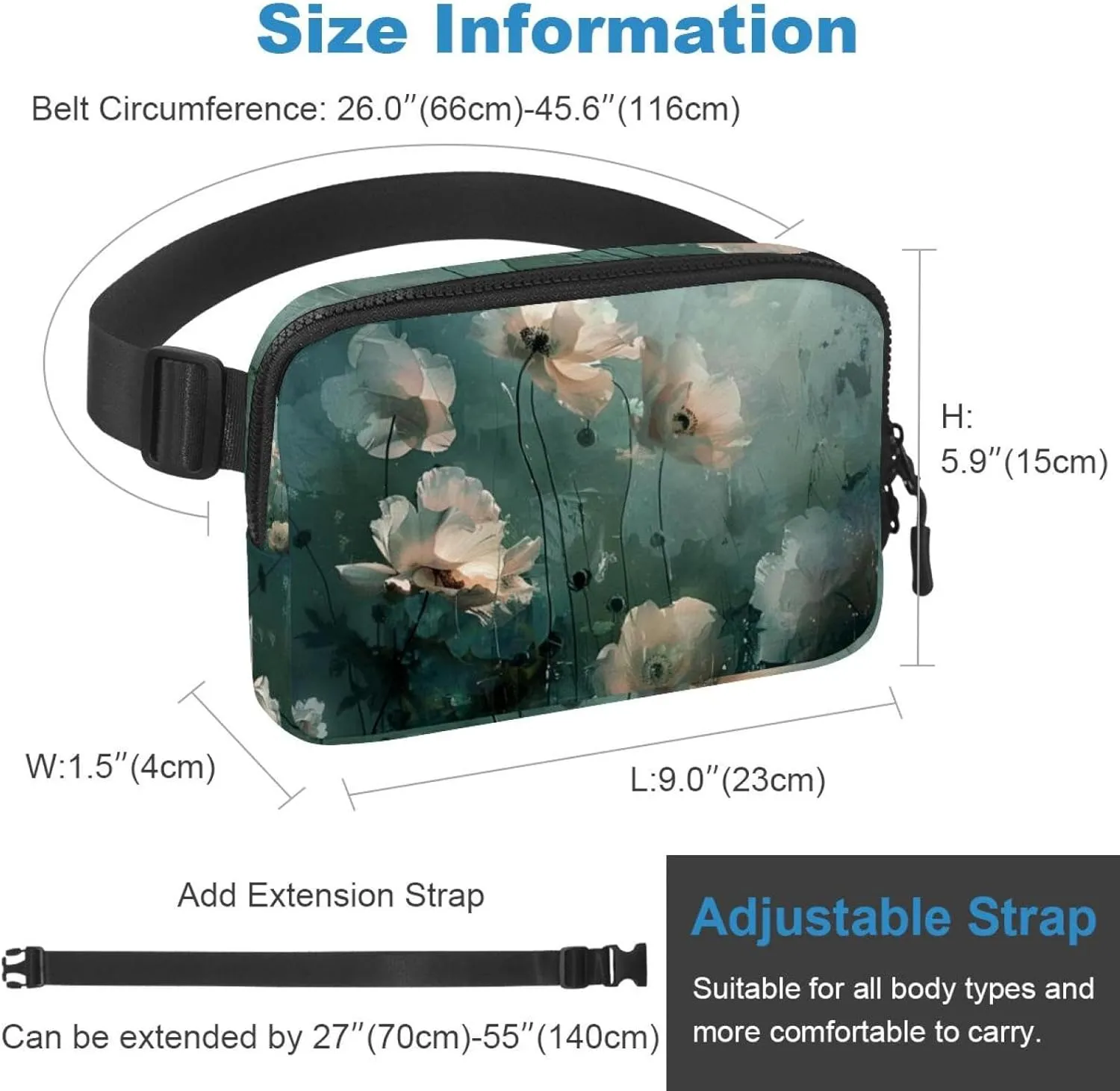 Ink Misty Pink Flowers Unisex Style Fanny Pack: Fashion Waist Packs, Crossbody Bags Sport Slim Fashionable for Jogging Hiking Hiker Woman Man, 1.5x9.0x5.9in/4x23x15cm