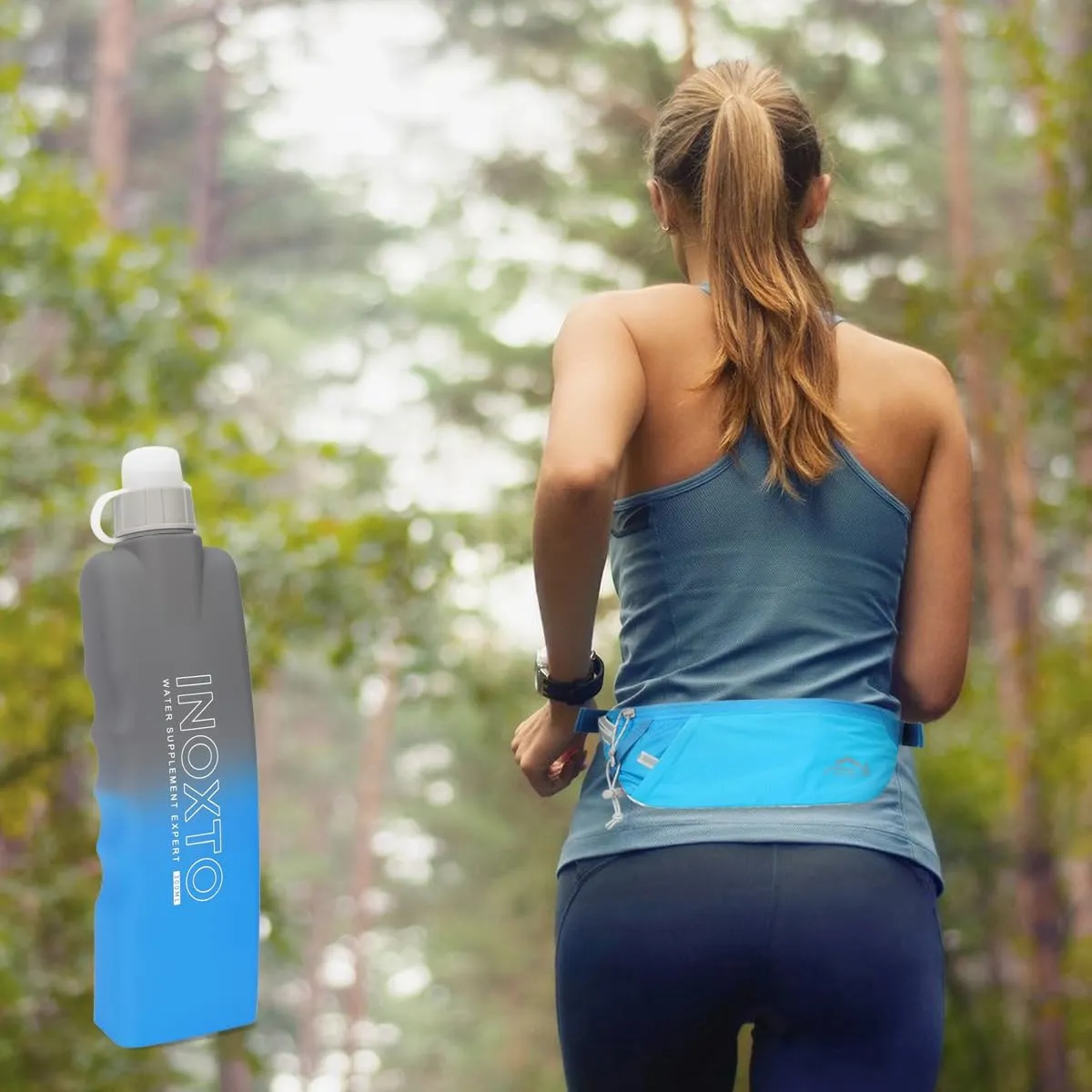 INOXTO Slim Running Belt Fanny Pack for Women and Men Sports Waist Bag Pack with 300ml Water Bottle for Running Walking Cycling Hiking Reflective Running Pouch Belt for All Phones (Blue)