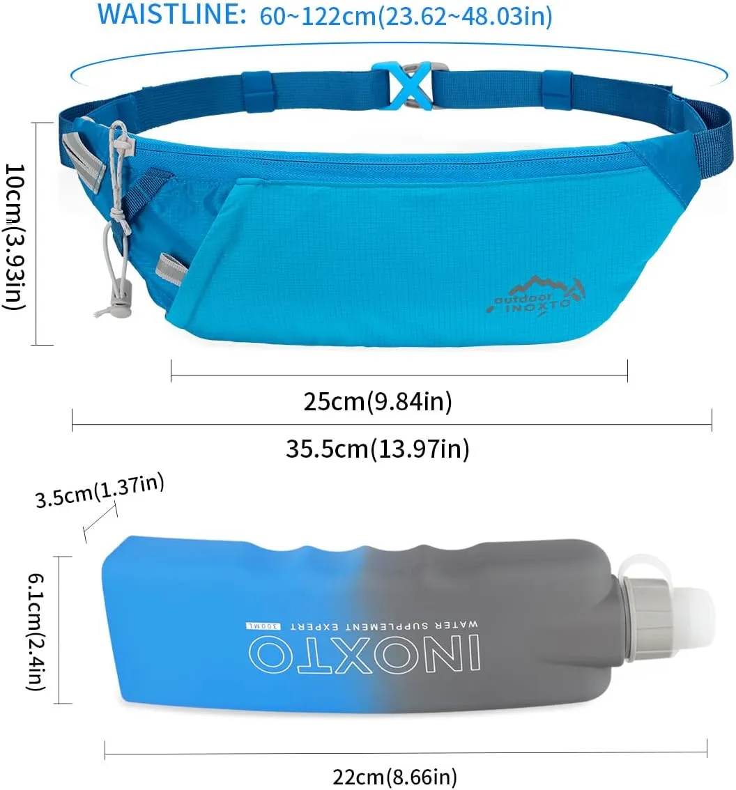 INOXTO Slim Running Belt Fanny Pack for Women and Men Sports Waist Bag Pack with 300ml Water Bottle for Running Walking Cycling Hiking Reflective Running Pouch Belt for All Phones (Blue)
