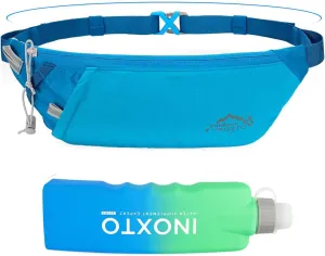 INOXTO Slim Running Belt Fanny Pack for Women and Men Sports Waist Bag Pack with 300ml Water Bottle for Running Walking Cycling Hiking Reflective Running Pouch Belt for All Phones (Blue)