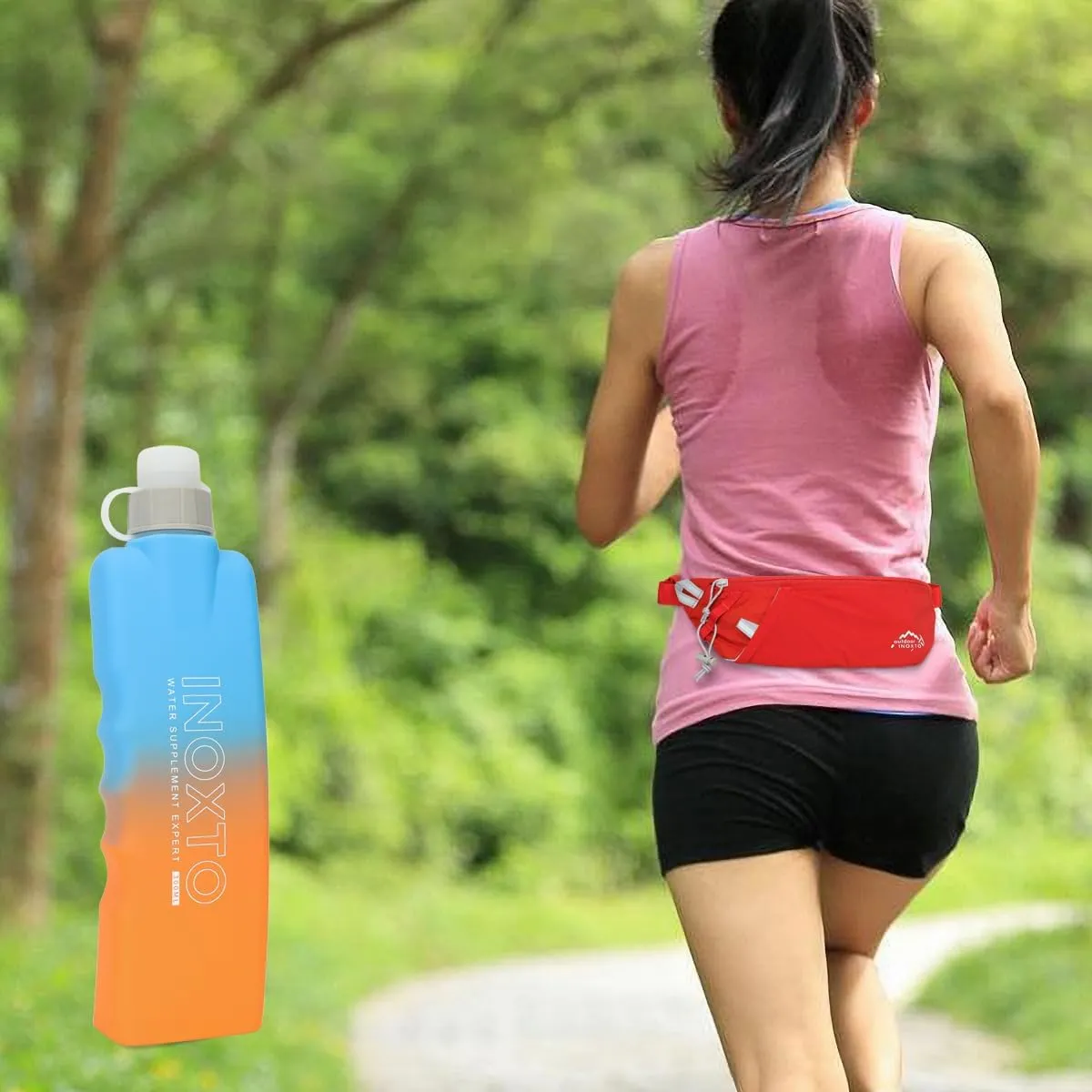 INOXTO Slim Running Belt Fanny Pack for Women and Men Sports Waist Bag Pack with 300ml Water Bottle for Running Walking Cycling Hiking Reflective Running Pouch Belt for All Phones (Orange)
