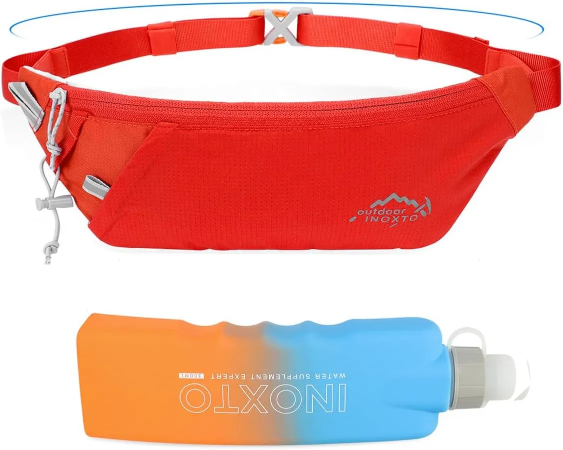 INOXTO Slim Running Belt Fanny Pack for Women and Men Sports Waist Bag Pack with 300ml Water Bottle for Running Walking Cycling Hiking Reflective Running Pouch Belt for All Phones (Orange)