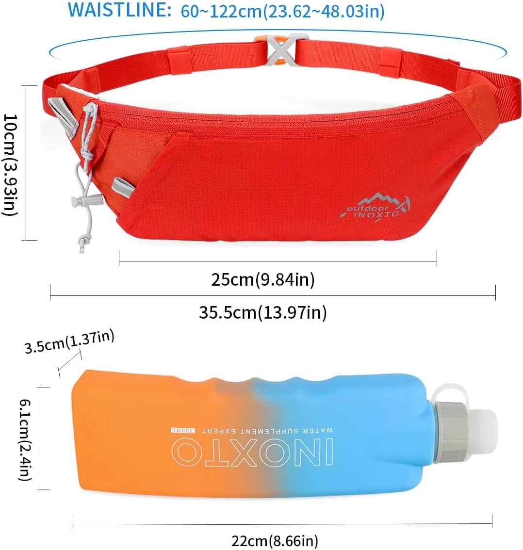 INOXTO Slim Running Belt Fanny Pack for Women and Men Sports Waist Bag Pack with 300ml Water Bottle for Running Walking Cycling Hiking Reflective Running Pouch Belt for All Phones (Orange)