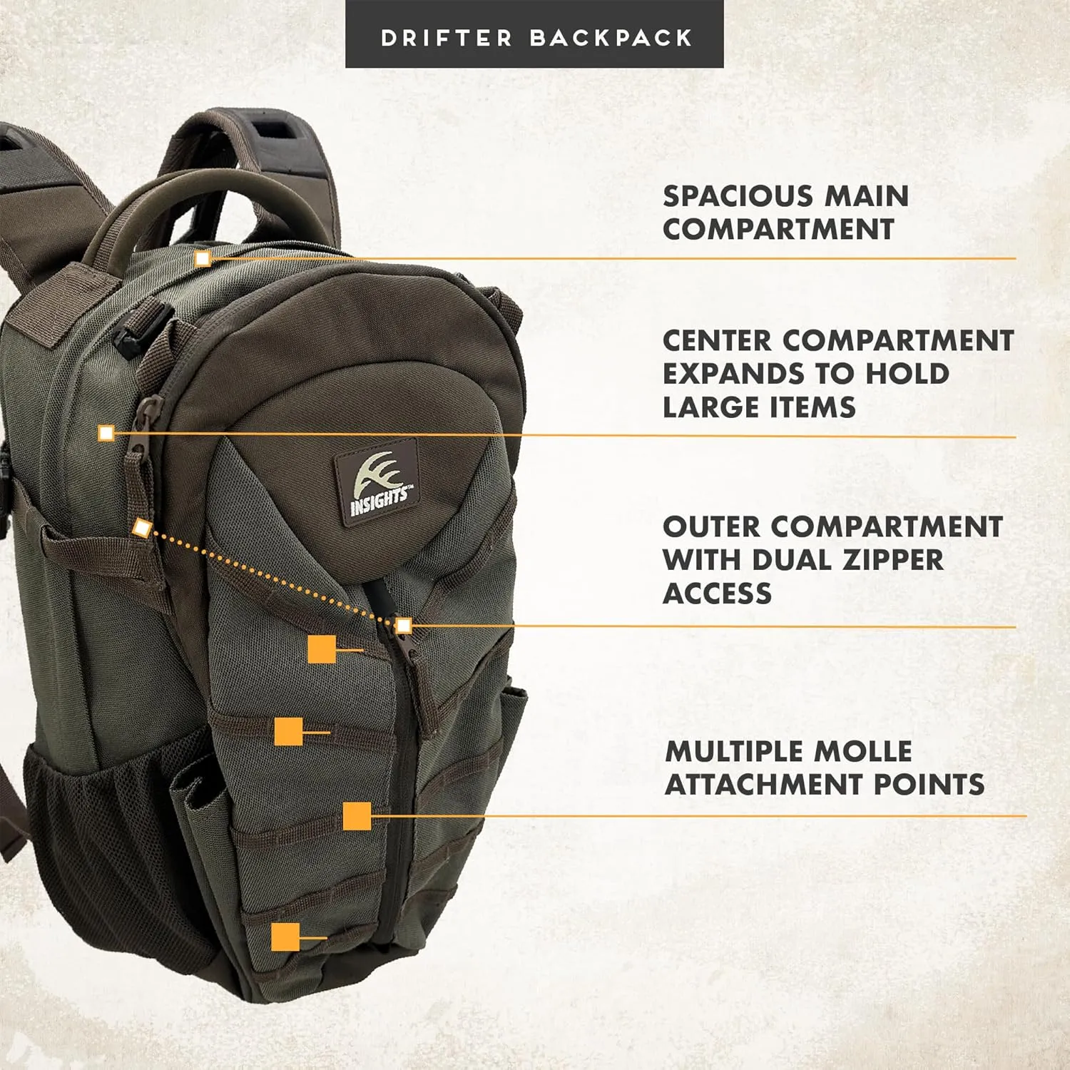Insights Hunting by frogg toggs– The Drifter Backpack, Lightweight Camouflaged Day Pack holds Decoy, two H20 Bottles, Solid Elements Gray, One Size