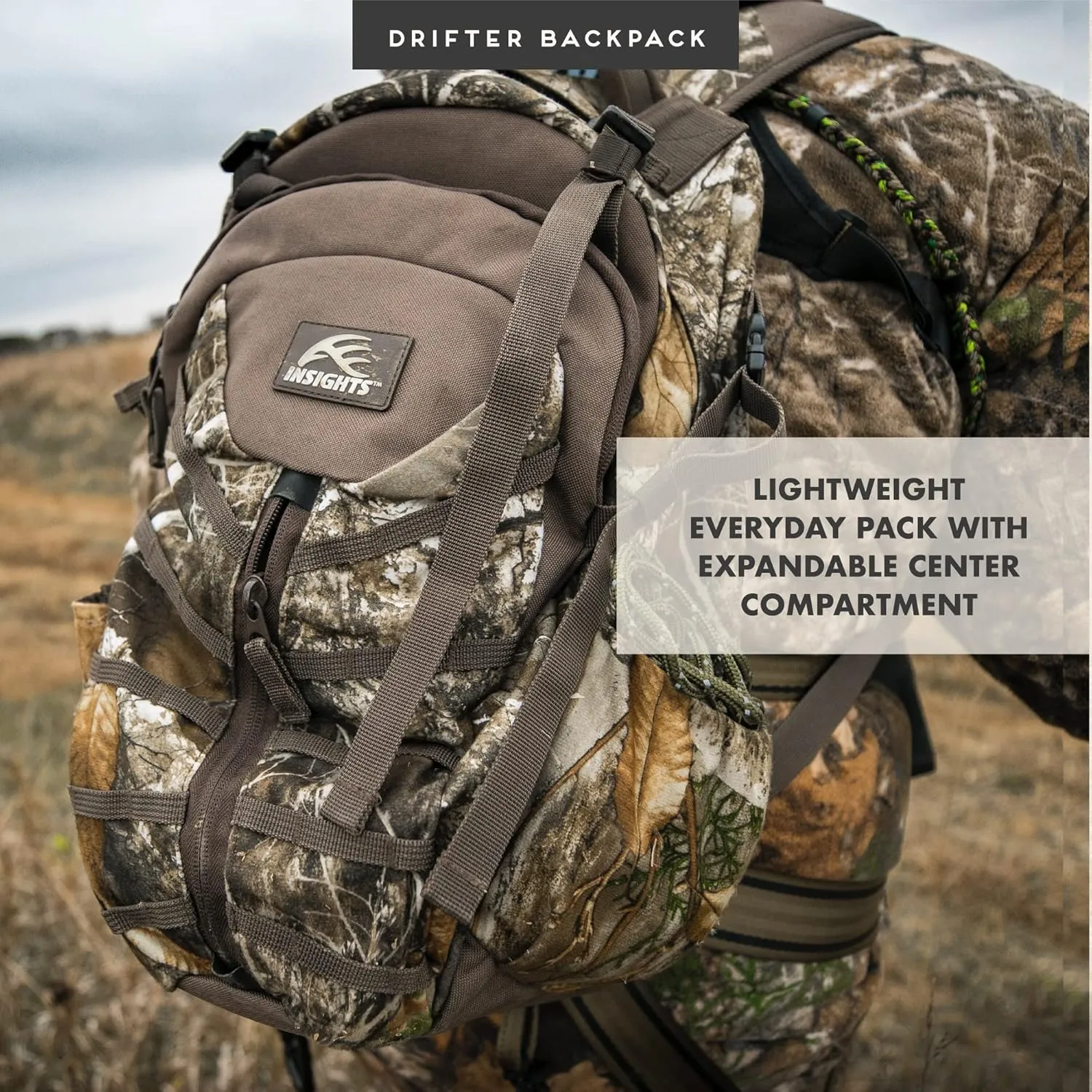 Insights Hunting by frogg toggs – The Drifter Backpack, Small, Lightweight Camouflaged Day Pack with Expandable Front Pocket for Decoy, Two Side Water Bottle Pockets, Realtree Edge