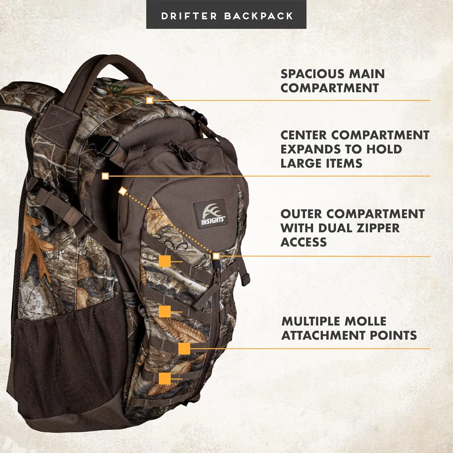 Insights Hunting by frogg toggs – The Drifter Backpack, Small, Lightweight Camouflaged Day Pack with Expandable Front Pocket for Decoy, Two Side Water Bottle Pockets, Realtree Edge