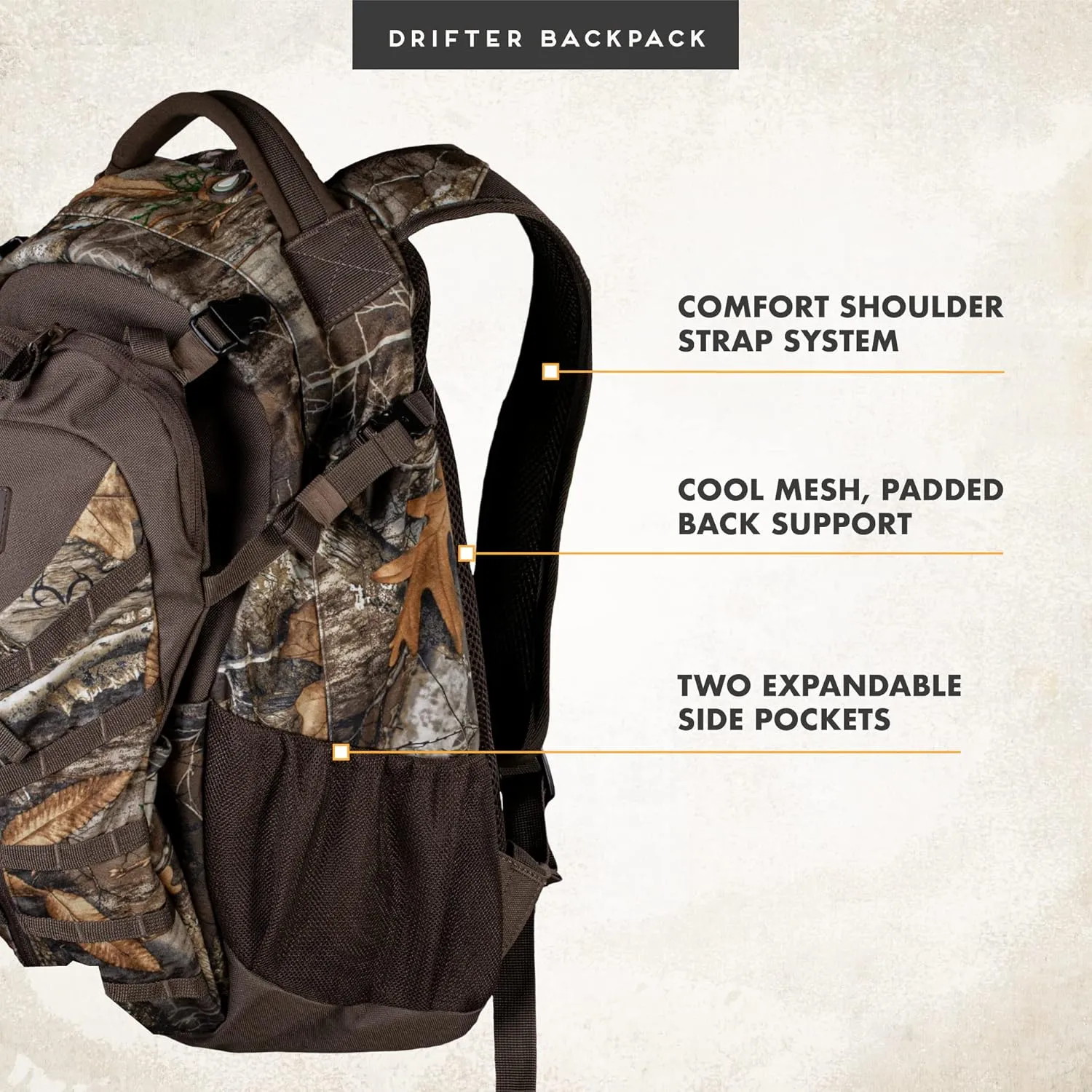 Insights Hunting by frogg toggs – The Drifter Backpack, Small, Lightweight Camouflaged Day Pack with Expandable Front Pocket for Decoy, Two Side Water Bottle Pockets, Realtree Edge