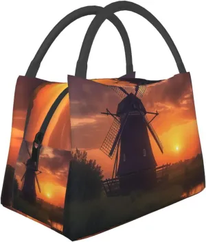 Insulated Lunch Bag Sunset Windmill Lunch Box for Women Men Reusable Leakproof Lunch Cooler Tote Bag for Picnic Work
