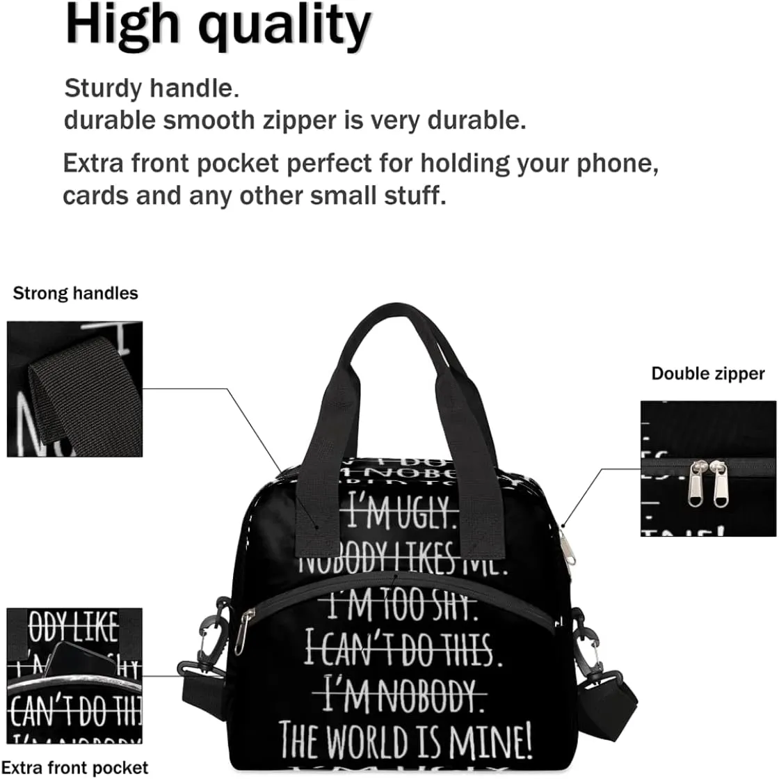 Insulated Lunch Bag Women Men Motivational Quotation Large Reusable Lunch Box Leakproof Lunch Tote Bag Cooler Bag with Adjustable Shoulder Strap Travel Picnic Work Beach