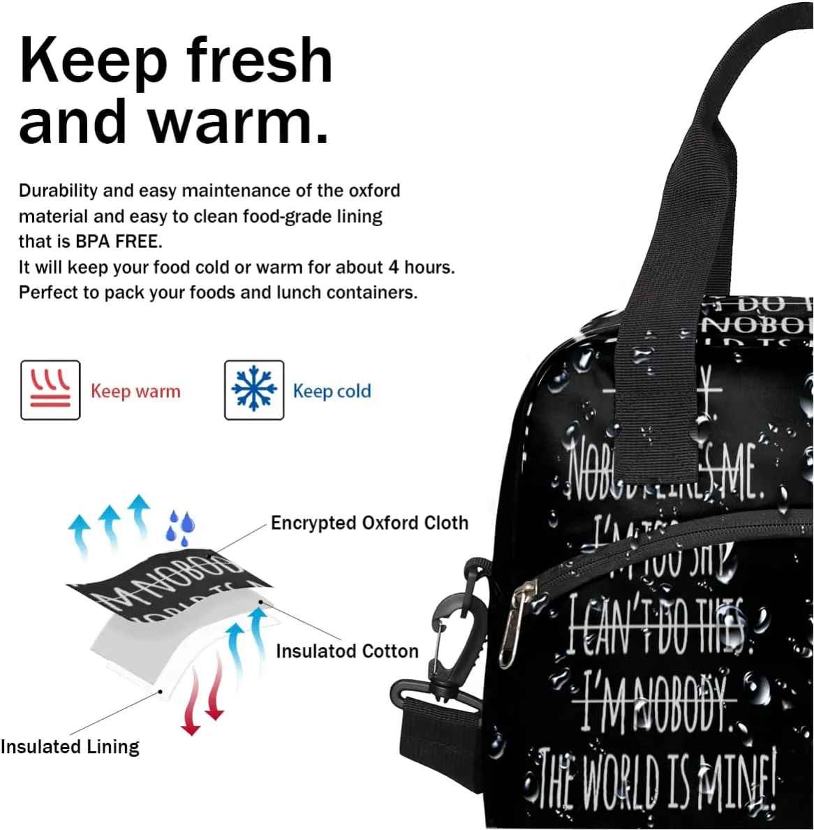 Insulated Lunch Bag Women Men Motivational Quotation Large Reusable Lunch Box Leakproof Lunch Tote Bag Cooler Bag with Adjustable Shoulder Strap Travel Picnic Work Beach