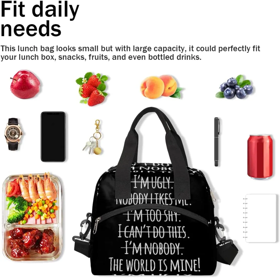 Insulated Lunch Bag Women Men Motivational Quotation Large Reusable Lunch Box Leakproof Lunch Tote Bag Cooler Bag with Adjustable Shoulder Strap Travel Picnic Work Beach