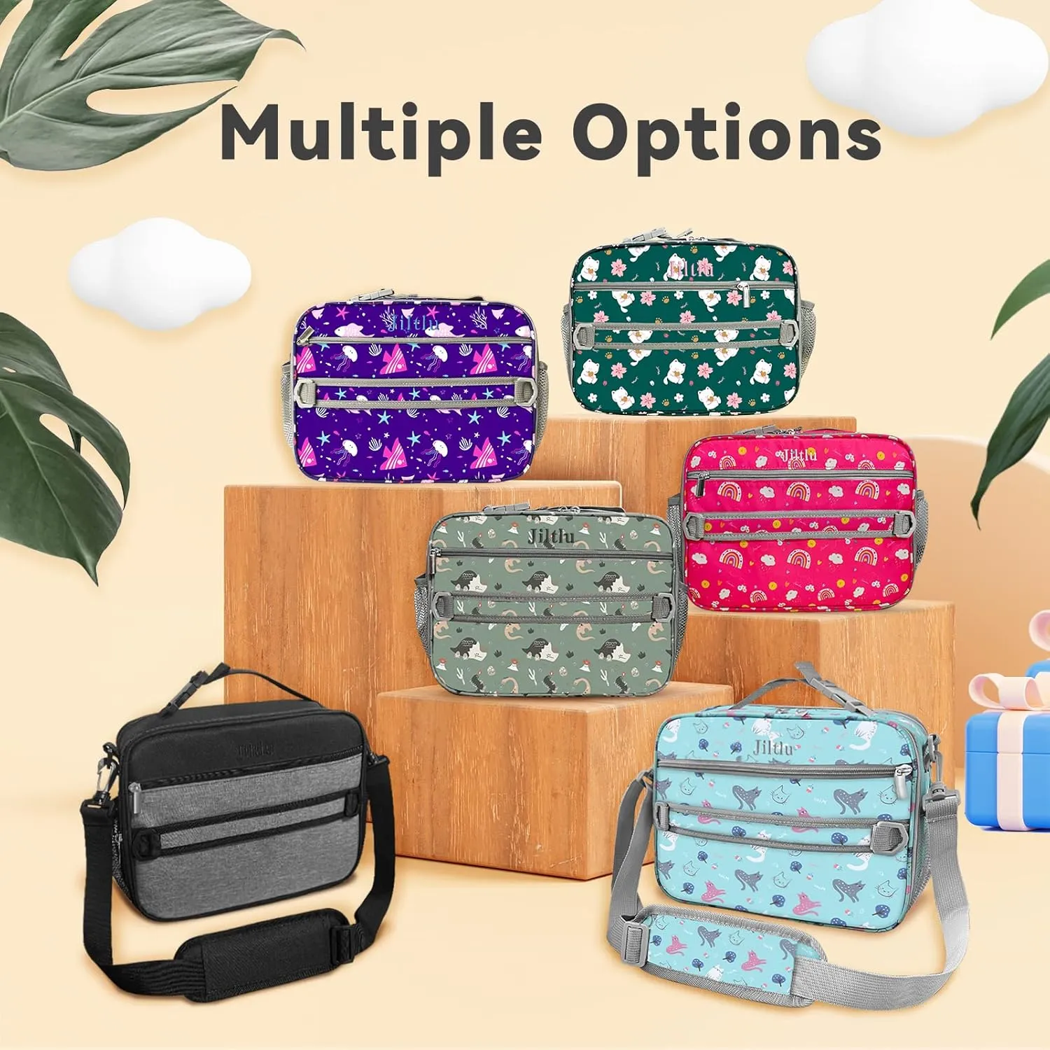 Insulated Lunch Bags for Kids Expandable Lunch Box Reusable Lunch Tote Bag Leakproof Portable with Removable Shoulder Strap for School Office Camping Picnic-Rose Red-Rainbow