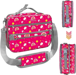 Insulated Lunch Bags for Kids Expandable Lunch Box Reusable Lunch Tote Bag Leakproof Portable with Removable Shoulder Strap for School Office Camping Picnic-Rose Red-Rainbow