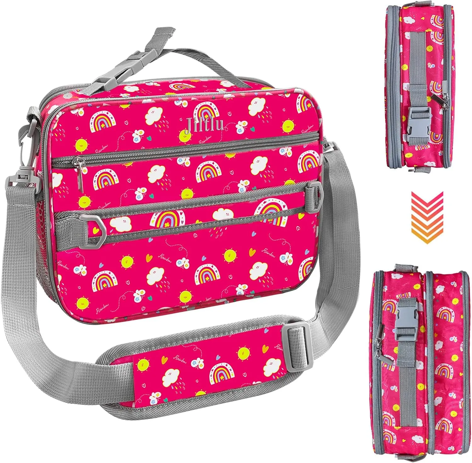 Insulated Lunch Bags for Kids Expandable Lunch Box Reusable Lunch Tote Bag Leakproof Portable with Removable Shoulder Strap for School Office Camping Picnic-Rose Red-Rainbow