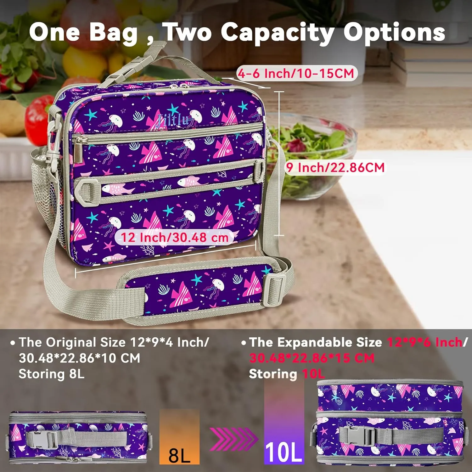 Insulated Lunch Bags for Kids Expandable Lunch Box Reusable Lunch Tote Bag Leakproof Portable with Removable Shoulder Strap for School Office Camping Picnic-Rose Red-Rainbow
