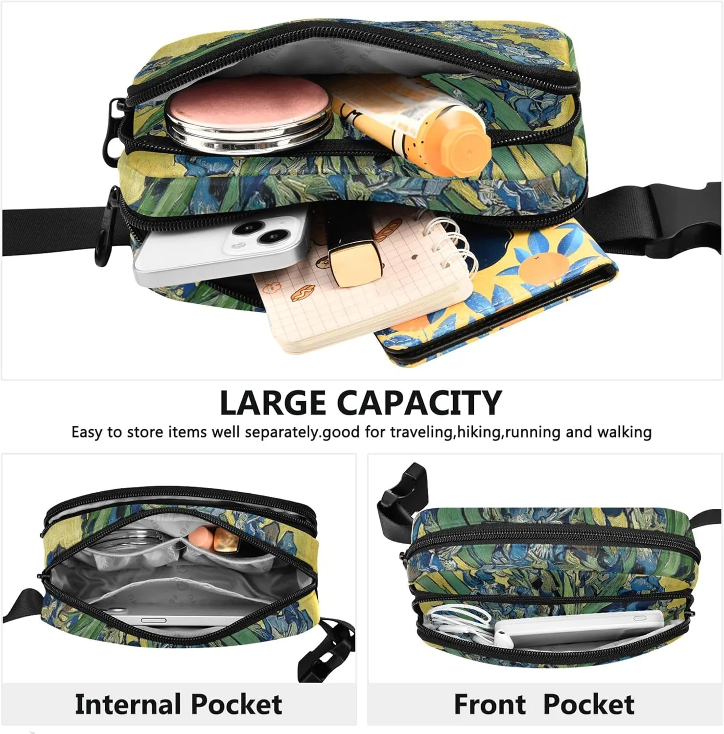 Irises Vase Vincent Vangogh Women Fanny Pack Hiking Hip Bag Belt Pouch Waterproof Waist Bag for Women
