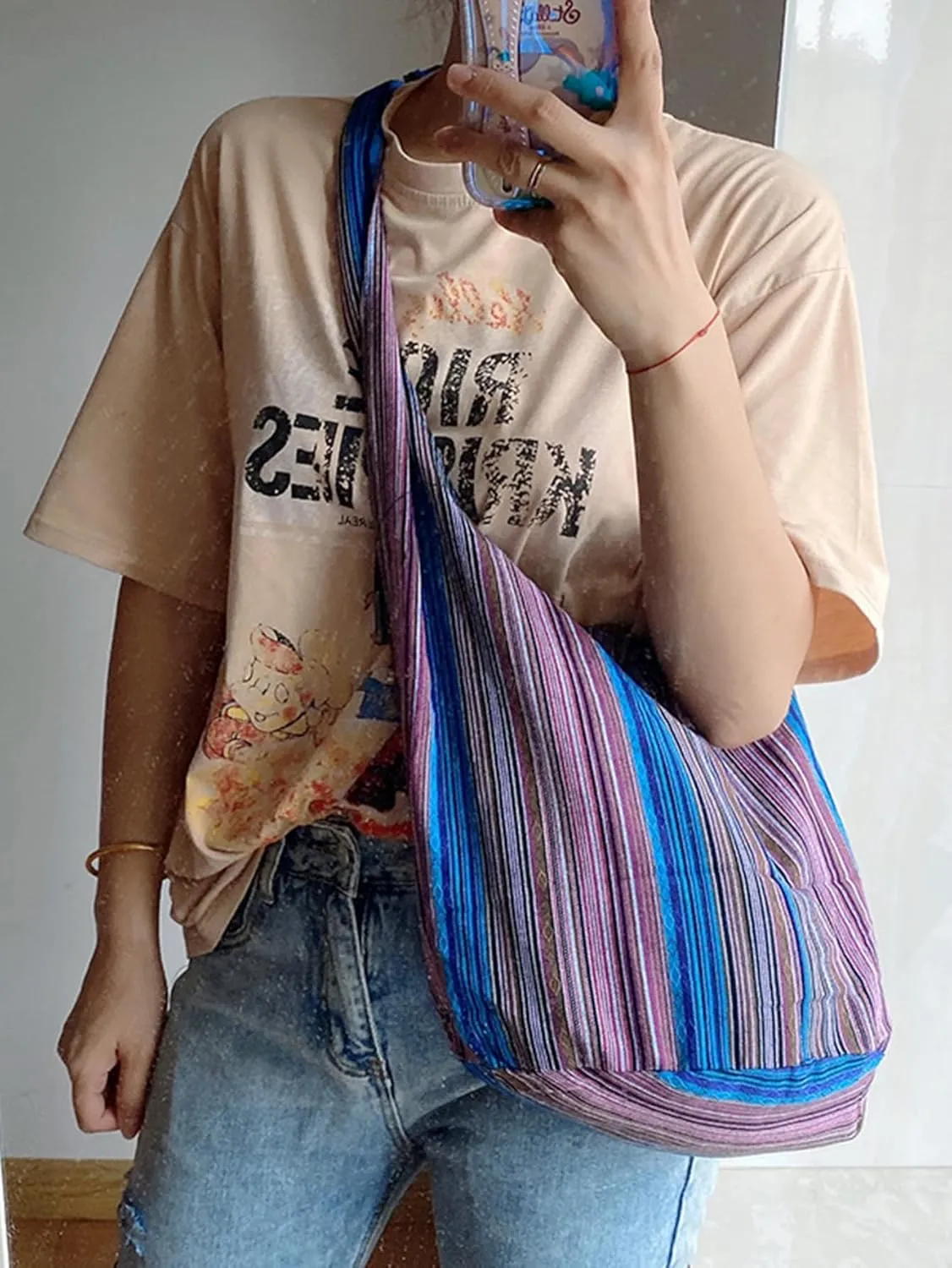 Irsutey Women One Shoulder Hand-Held Cotton Linen Jacquard Canvas Casual Shopping Bag