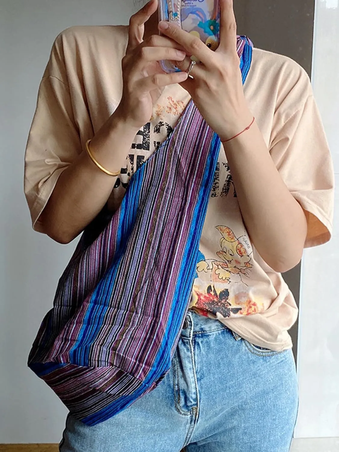 Irsutey Women One Shoulder Hand-Held Cotton Linen Jacquard Canvas Casual Shopping Bag