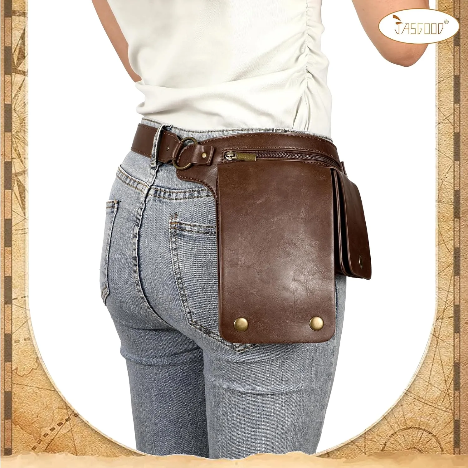 JASGOOD Waist Bag Leather Fanny Pack for Women Vintage Renaissance Belt Festival Pouch Faux Leather Hip Bag for Travel Hiking