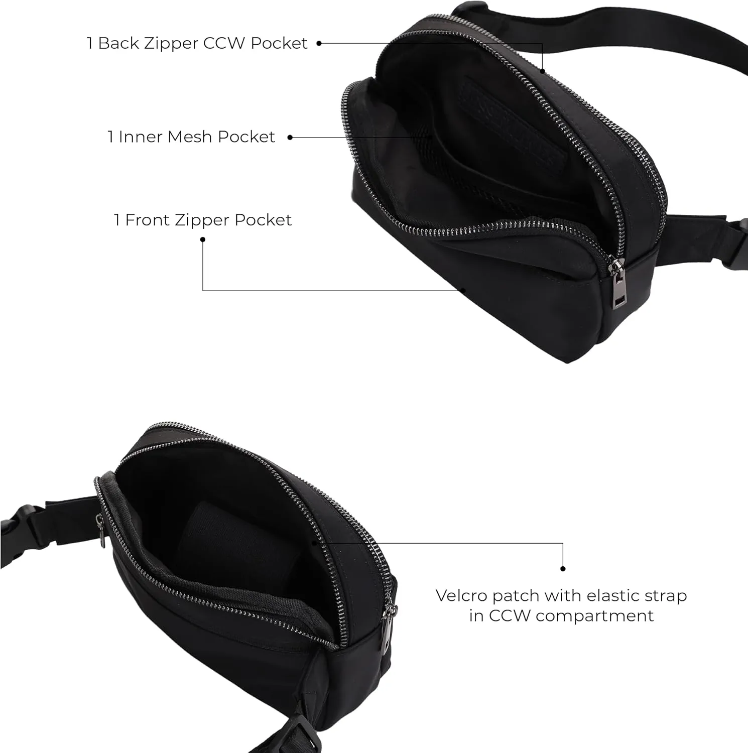 Jessie & James Crossbody Nylon Concealed Carry Waist Pack with Adjustable Buckle Strap Fashion Multi Pocket Belt Bag| Black