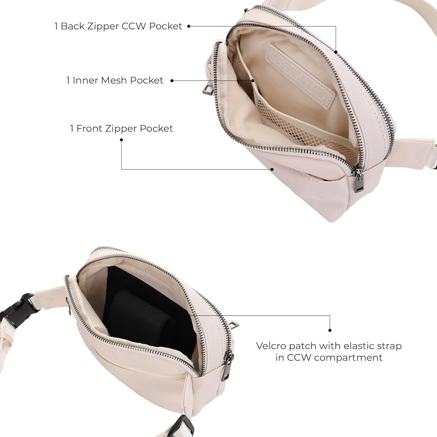 Jessie & James Crossbody Nylon Waist Pack with Adjustable Buckle Strap Fashion Multi Pocket Belt Bag| Ivory