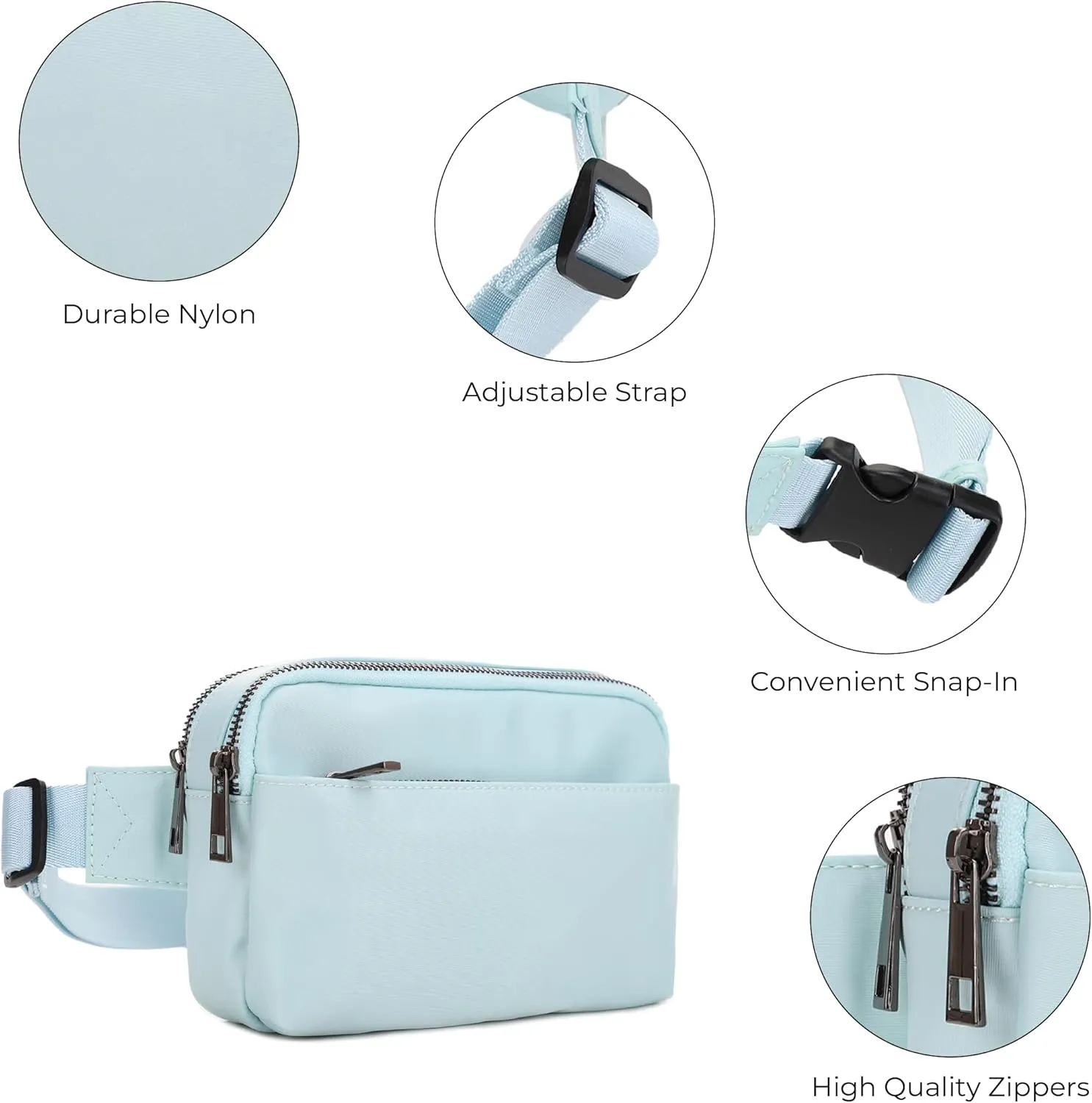 Jessie & James Crossbody Nylon Waist Pack with Adjustable Buckle Strap Fashion Multi Pocket Belt Bag | Light Blue