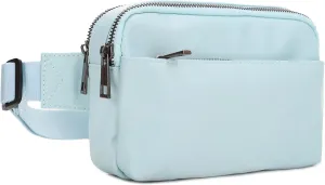Jessie & James Crossbody Nylon Waist Pack with Adjustable Buckle Strap Fashion Multi Pocket Belt Bag | Light Blue
