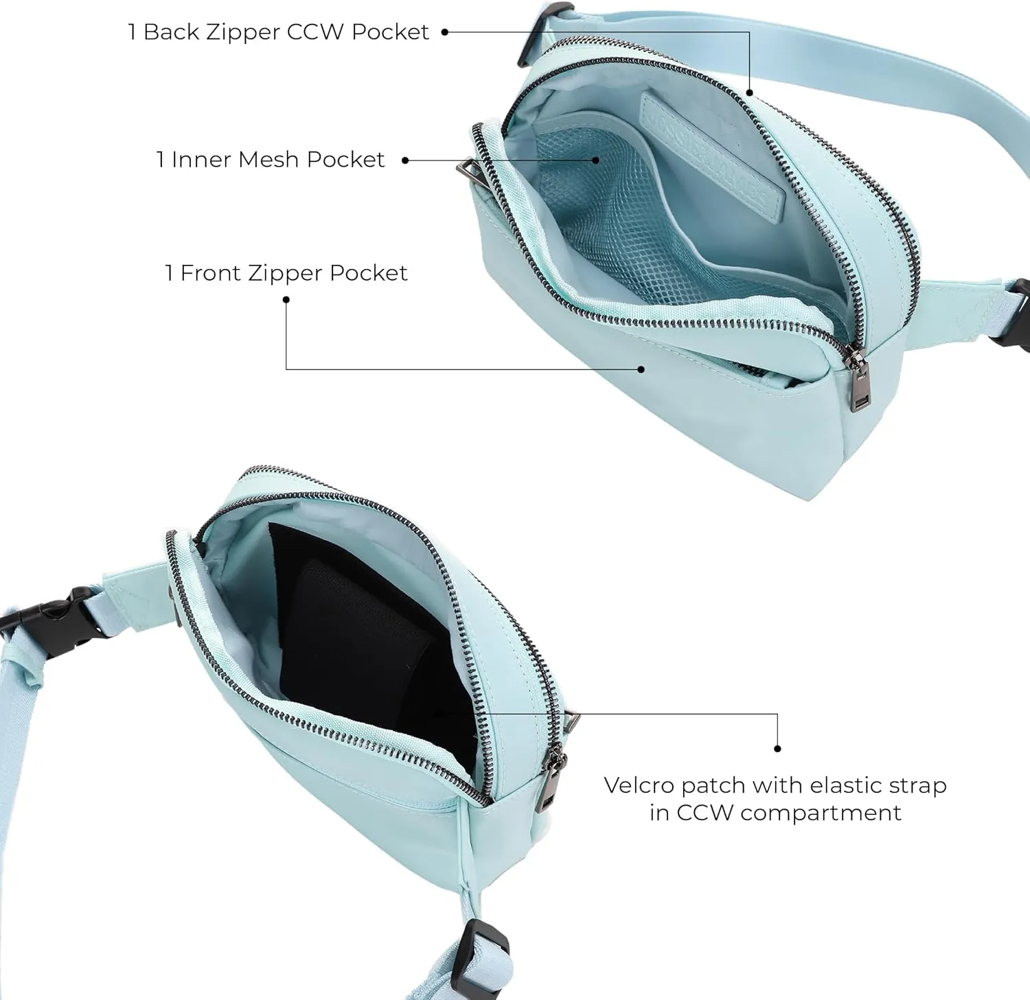 Jessie & James Crossbody Nylon Waist Pack with Adjustable Buckle Strap Fashion Multi Pocket Belt Bag | Light Blue