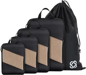 Jetsetta Extra Large Compression Packing Cubes with Mesh and laundry bag, Expandable Suitcase and Luggage Organizers for Travel Accessories（Black 5 Set)