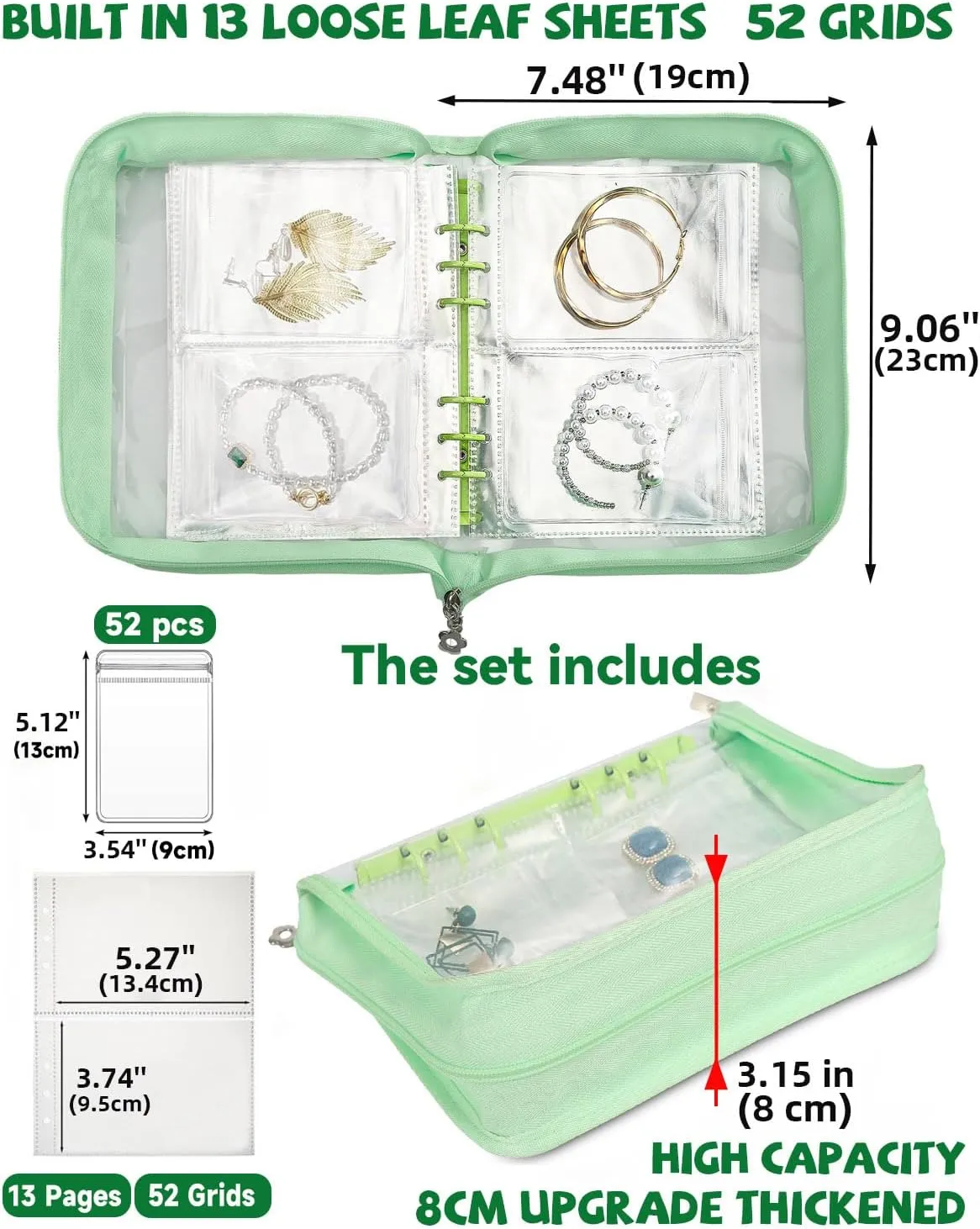Jewelry Storage Book Bracelet Earring organizer Travel Zipper Bag Transparent jewelry pouch organizer (Green,52 PCS Bracelet Pouches)