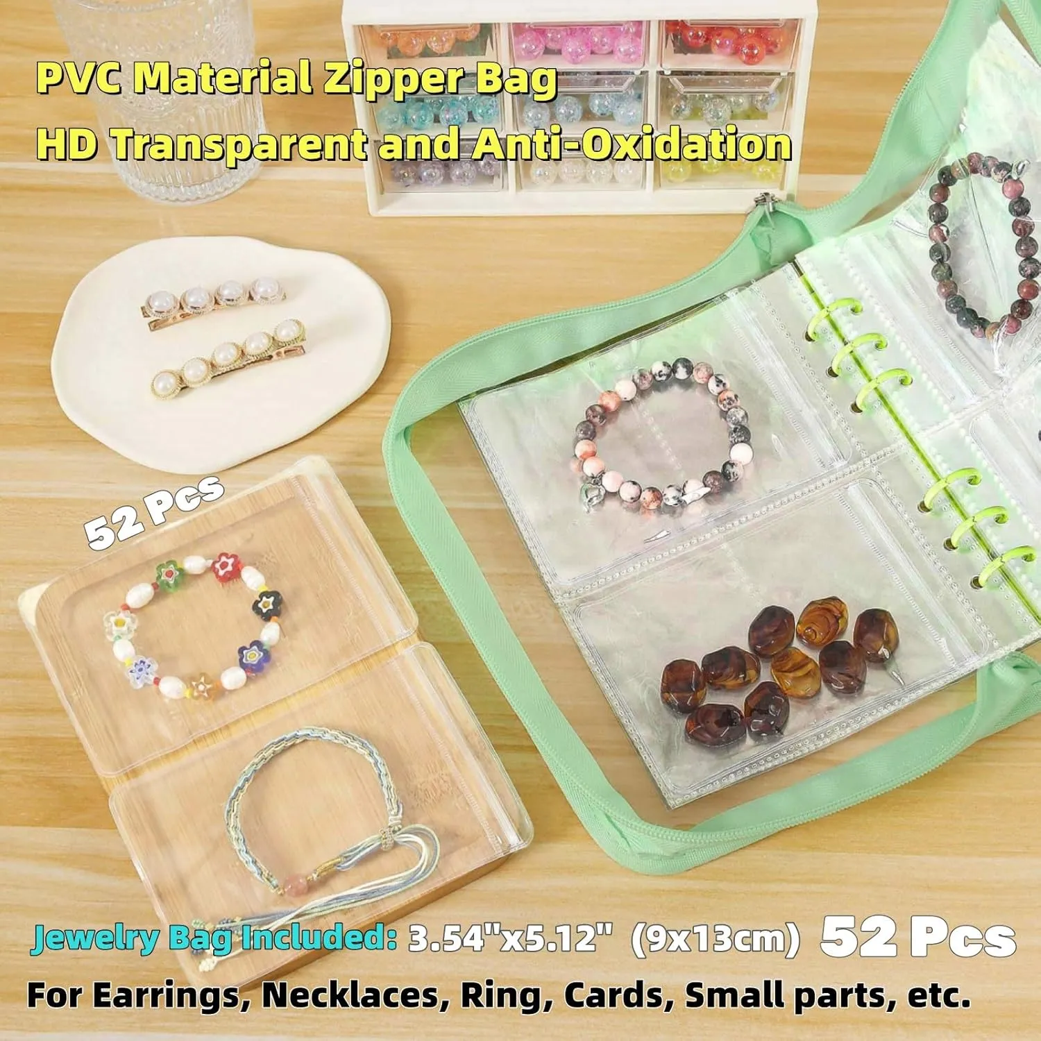 Jewelry Storage Book Bracelet Earring organizer Travel Zipper Bag Transparent jewelry pouch organizer (Green,52 PCS Bracelet Pouches)