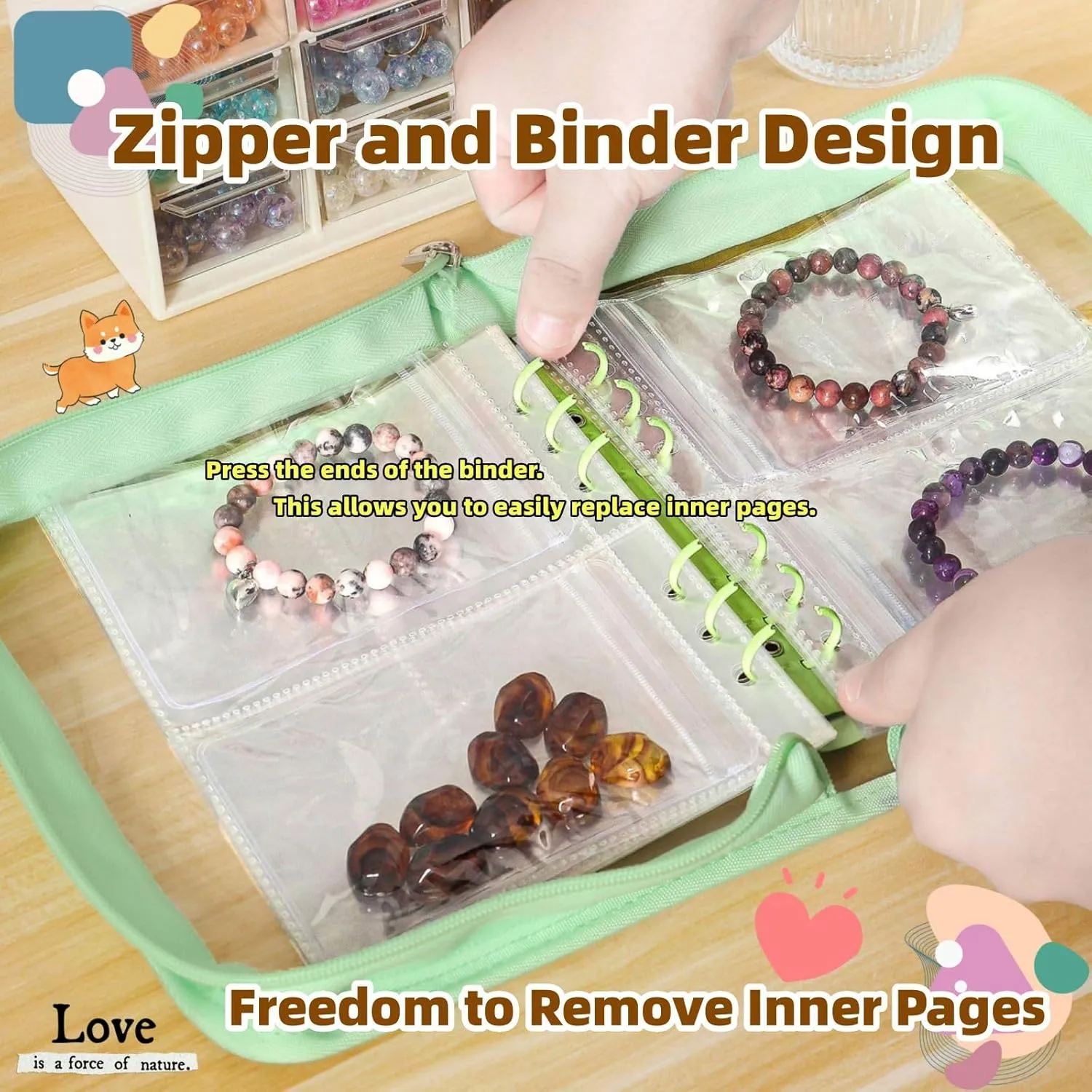 Jewelry Storage Book Bracelet Earring organizer Travel Zipper Bag Transparent jewelry pouch organizer (Green,52 PCS Bracelet Pouches)