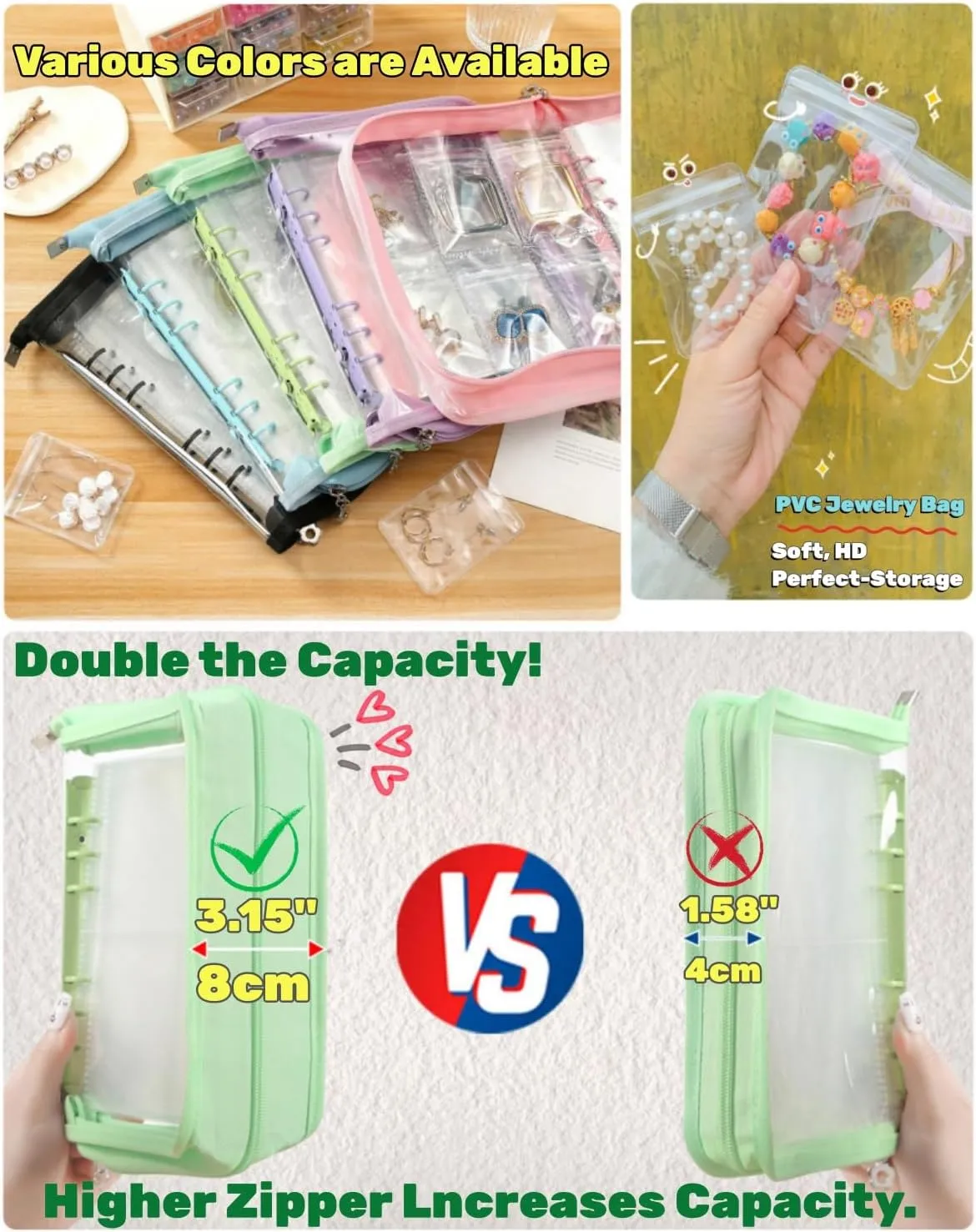 Jewelry Storage Book Bracelet Earring organizer Travel Zipper Bag Transparent jewelry pouch organizer (Green,52 PCS Bracelet Pouches)