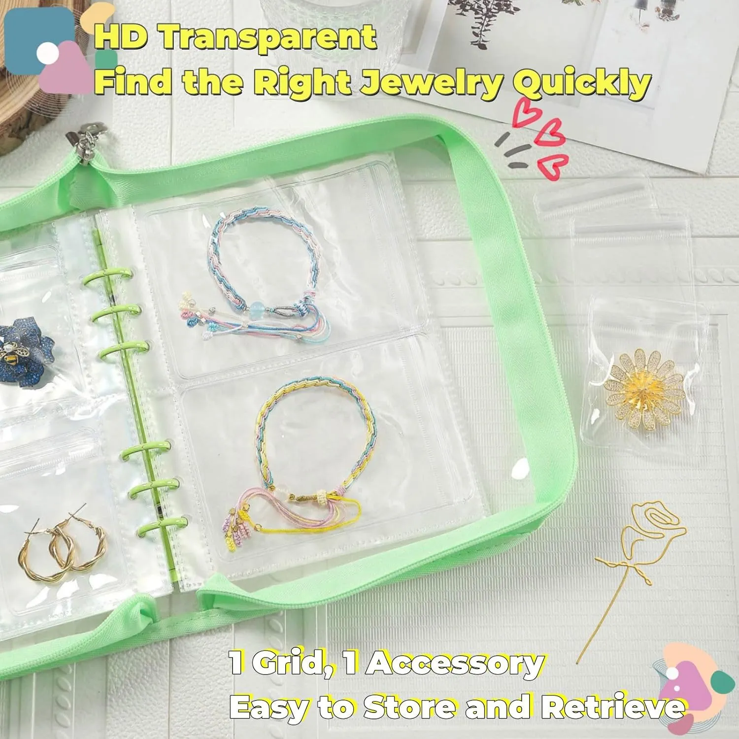 Jewelry Storage Book Bracelet Earring organizer Travel Zipper Bag Transparent jewelry pouch organizer (Green,52 PCS Bracelet Pouches)