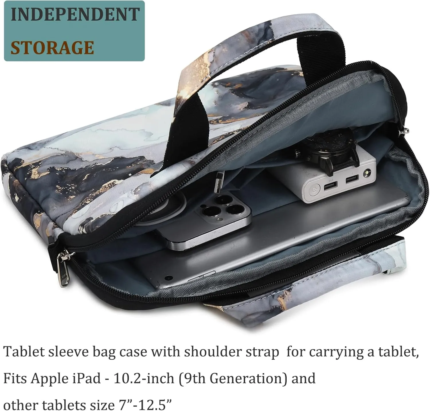 JIANYA Tablet Carrying Bag Kids Tablet Sleeve Bag with Shoulder Strap, 10-12.5 Inch, Marble Cyan