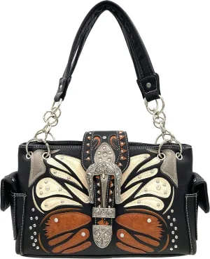 Justin West Abstract Butterfly Buckle Black Conceal Carry Handbag