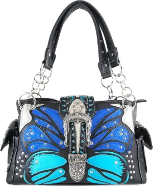 Justin West Abstract Butterfly Buckle Black Conceal Carry Handbag