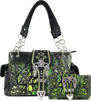 Justin West Abstract Butterfly Buckle Black Conceal Carry Handbag
