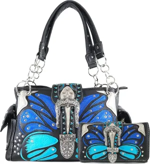 Justin West Abstract Butterfly Buckle Black Conceal Carry Handbag